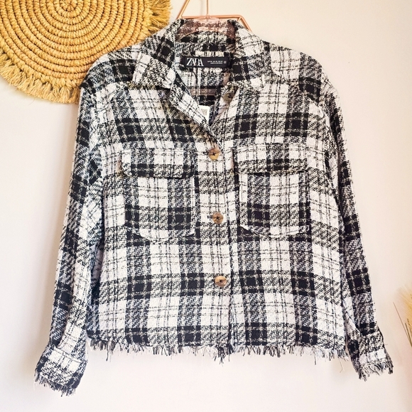 ZARA New Black White Tweed Fringe Trim Oversized Button Front Shacket Size XS - Picture 14 of 14